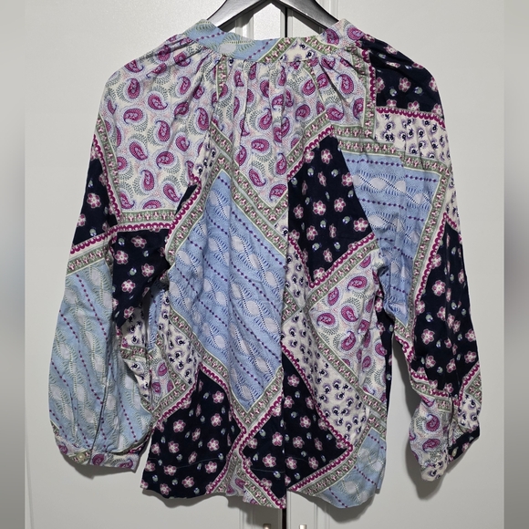 LOFT Paisley Boho Floral Patchwork Linen Blend Peasant Blouse 3/4 Raglan Sleeve - Picture 9 of 13